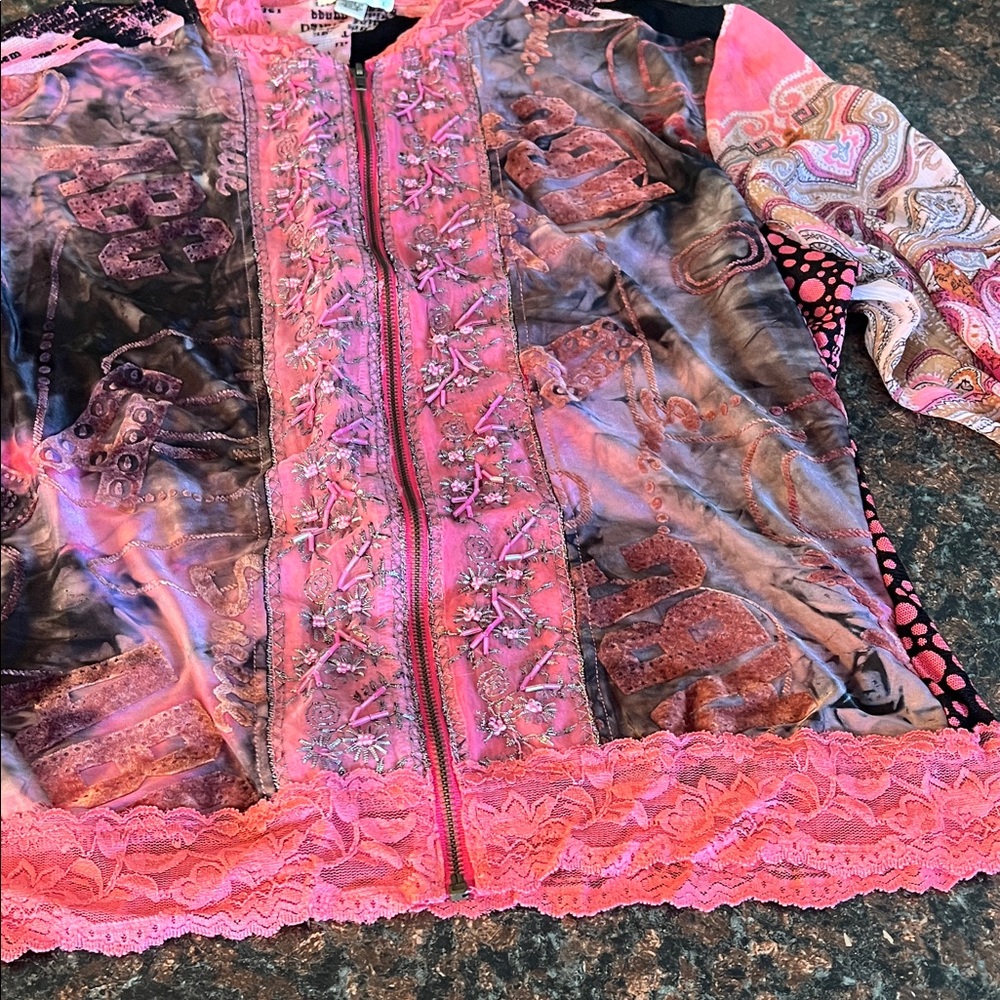 Desigual Pink Multi-Color Embroidered Lace Trim Jacket - Picture 2 of 4